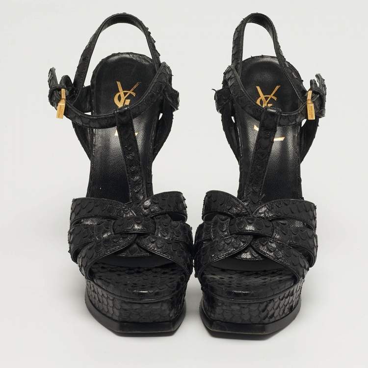 Pre Owned Saint Laurent Size 35 Black Python Embossed Leather Platform Sandals