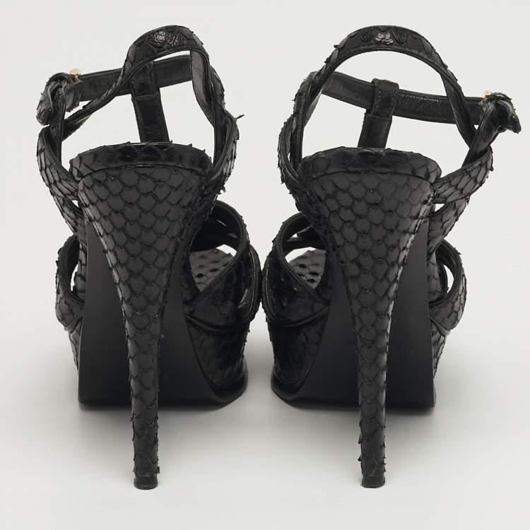 Pre Owned Saint Laurent Size 35 Black Python Embossed Leather Platform Sandals