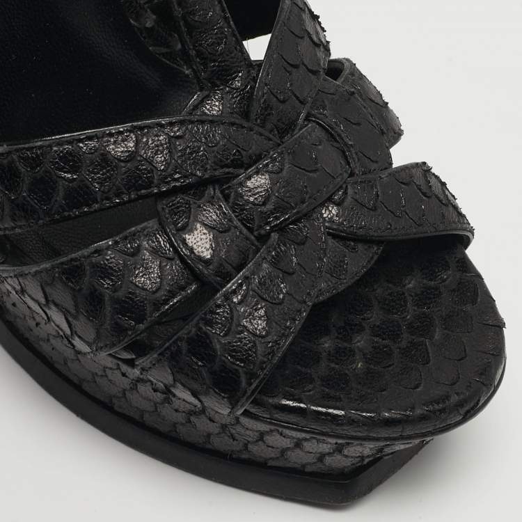 Pre Owned Saint Laurent Size 35 Black Python Embossed Leather Platform Sandals