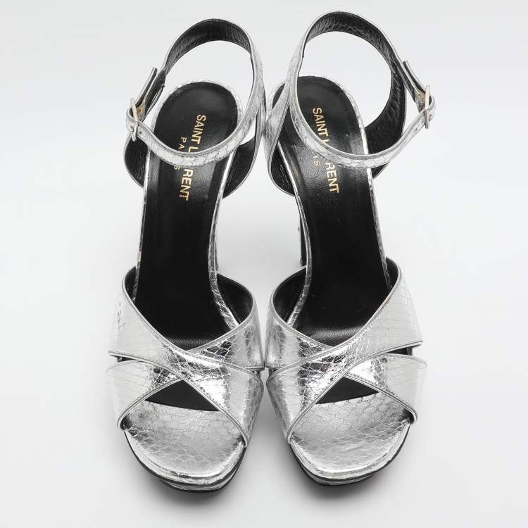Pre Owned Saint Laurent Paris Bianca Size 39.5 Silver Python Leather Platform Sandals