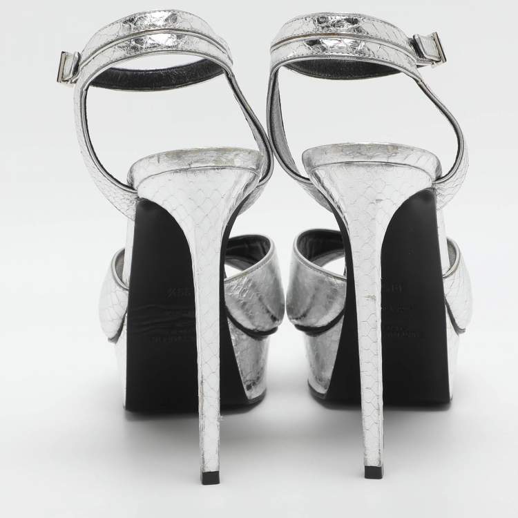 Pre Owned Saint Laurent Paris Bianca Size 39.5 Silver Python Leather Platform Sandals