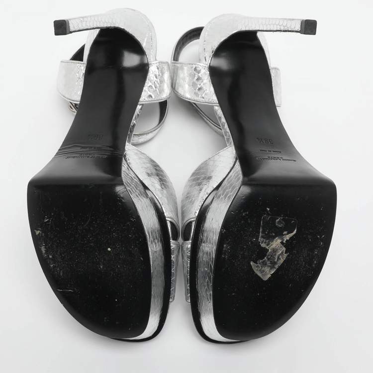 Pre Owned Saint Laurent Paris Bianca Size 39.5 Silver Python Leather Platform Sandals