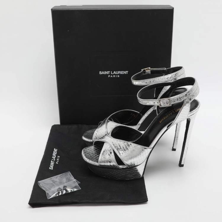 Pre Owned Saint Laurent Paris Bianca Size 39.5 Silver Python Leather Platform Sandals