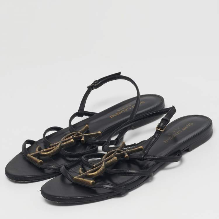 Pre Owned Saint Laurent Size 38 Black Leather Cassandra Slingback Flat Sandals