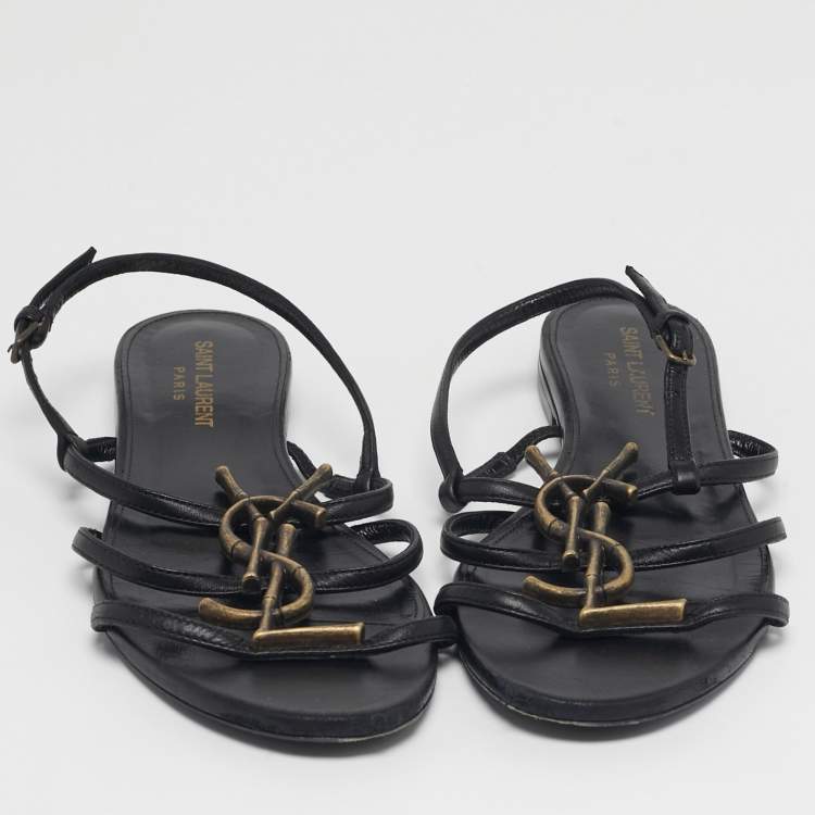 Pre Owned Saint Laurent Size 38 Black Leather Cassandra Slingback Flat Sandals