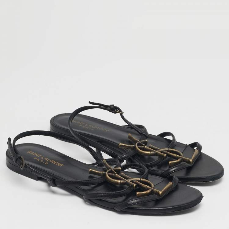 Pre Owned Saint Laurent Size 38 Black Leather Cassandra Slingback Flat Sandals