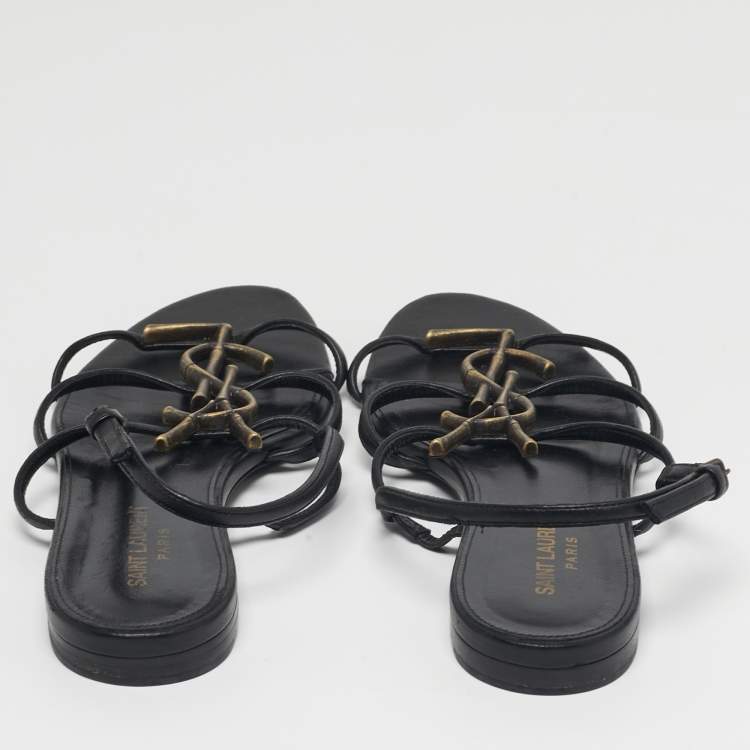 Pre Owned Saint Laurent Size 38 Black Leather Cassandra Slingback Flat Sandals