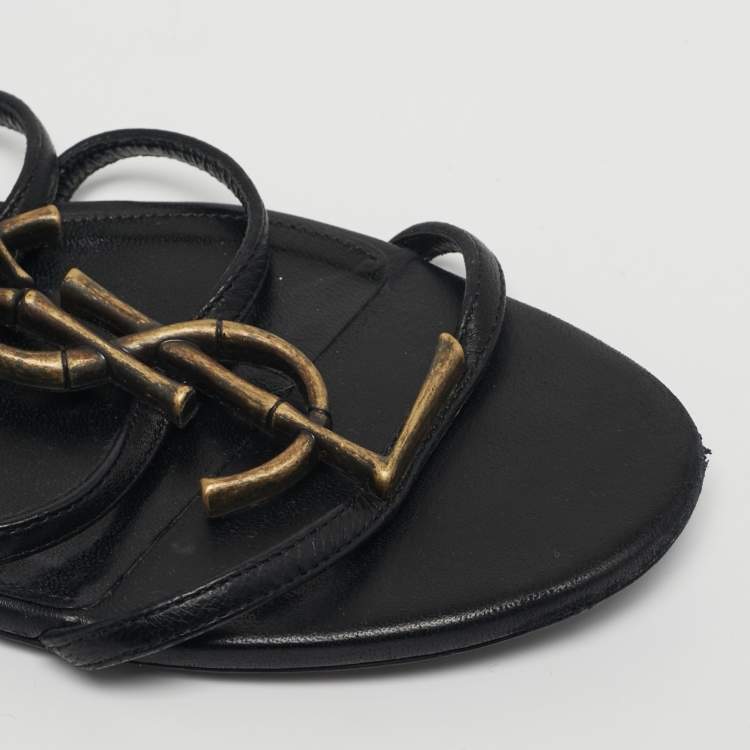 Pre Owned Saint Laurent Size 38 Black Leather Cassandra Slingback Flat Sandals