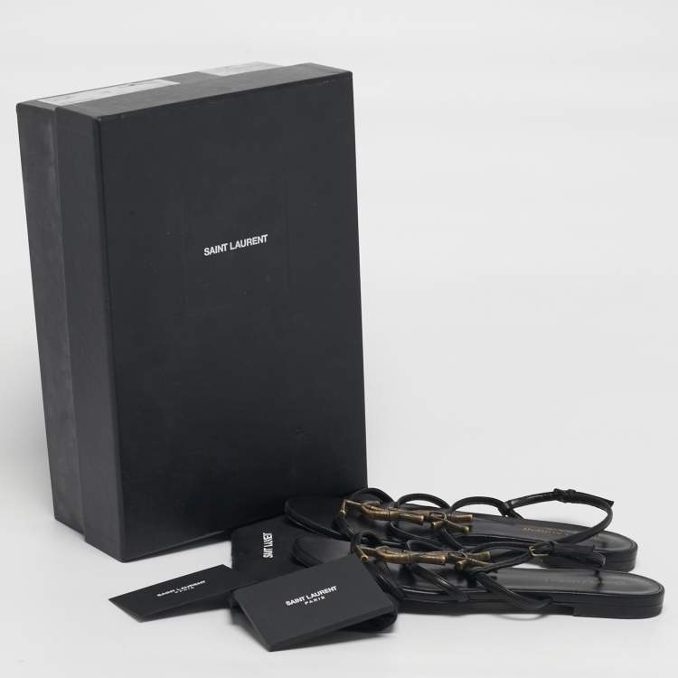 Pre Owned Saint Laurent Size 38 Black Leather Cassandra Slingback Flat Sandals