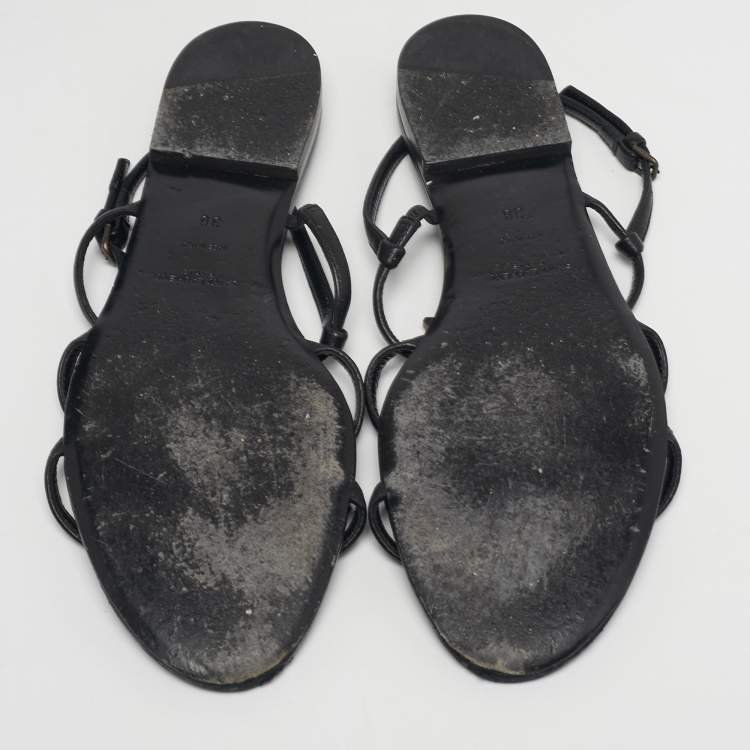 Pre Owned Saint Laurent Size 38 Black Leather Cassandra Slingback Flat Sandals