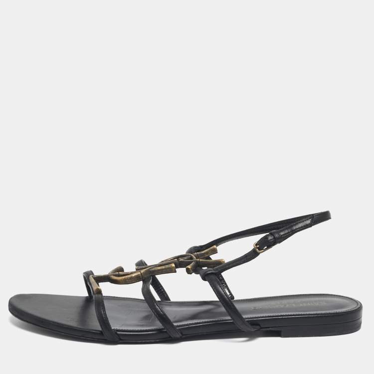 Pre Owned Saint Laurent Size 38 Black Leather Cassandra Slingback Flat Sandals