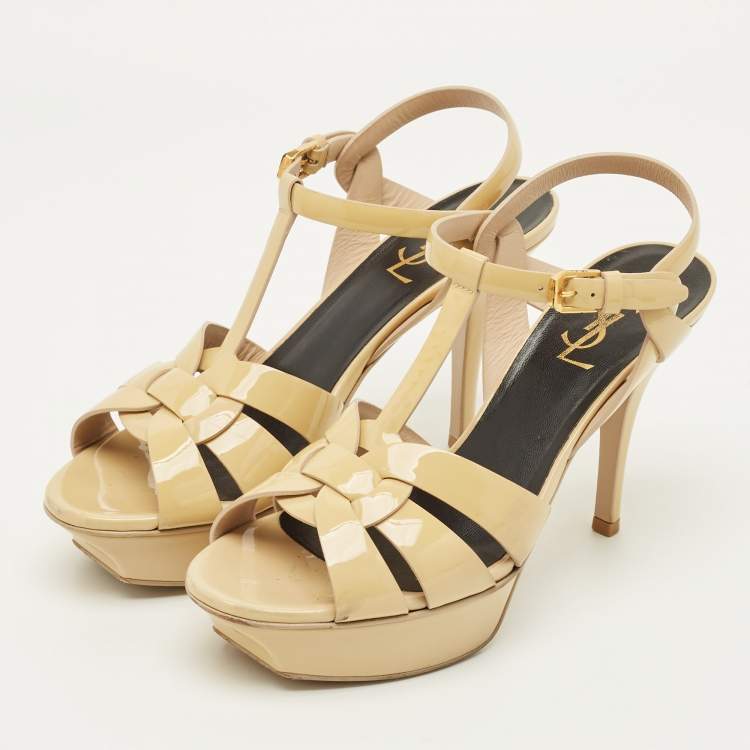 Pre Owned Saint Laurent Tribute Size 38 Cream Patent Leather Platform Sandals