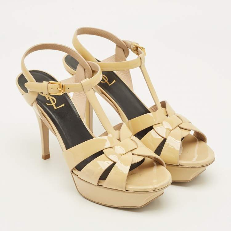 Pre Owned Saint Laurent Tribute Size 38 Cream Patent Leather Platform Sandals