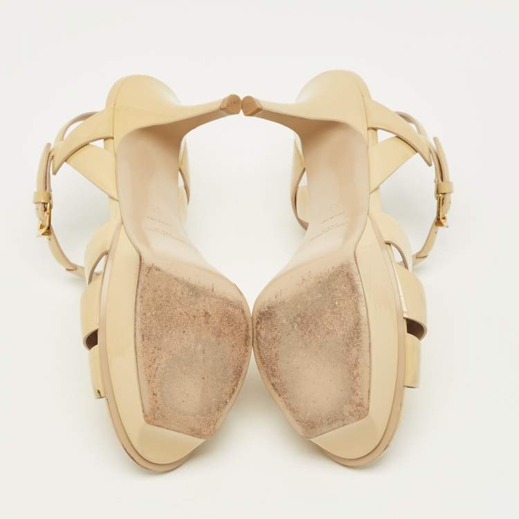 Pre Owned Saint Laurent Tribute Size 38 Cream Patent Leather Platform Sandals