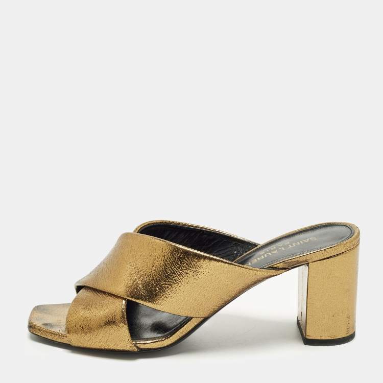 Pre Owned Saint Laurent Loulou Size 37 Gold Leather Slide Sandals