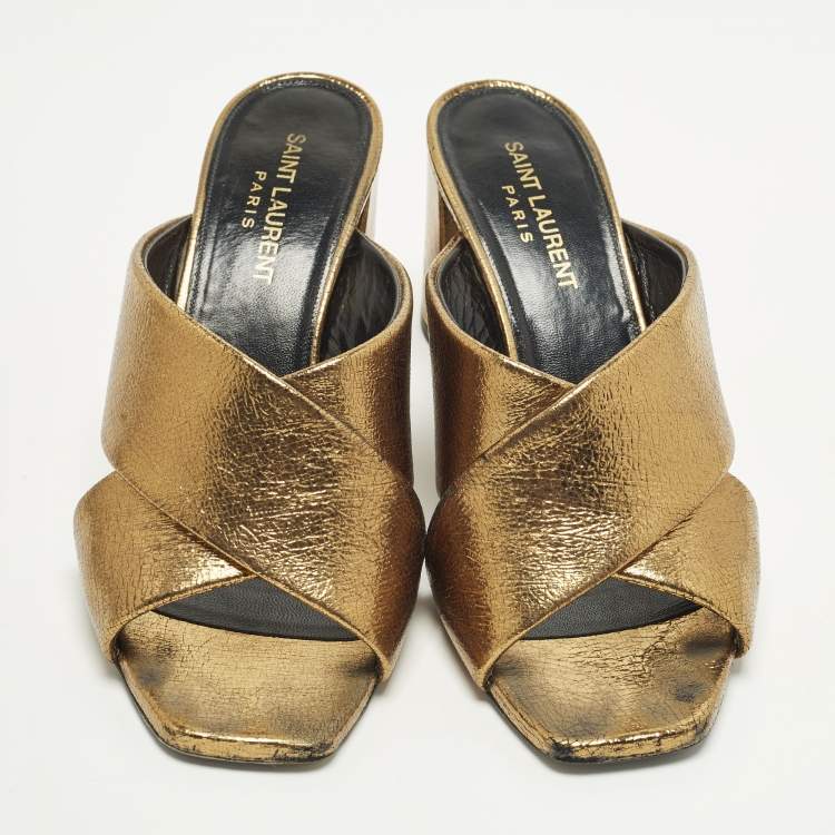 Pre Owned Saint Laurent Loulou Size 37 Gold Leather Slide Sandals