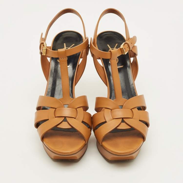 Pre Owned Saint Laurent Tribute Size 37 Brown Leather Platform Sandals