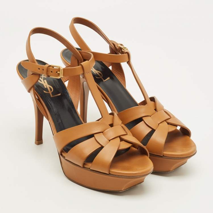 Pre Owned Saint Laurent Tribute Size 37 Brown Leather Platform Sandals