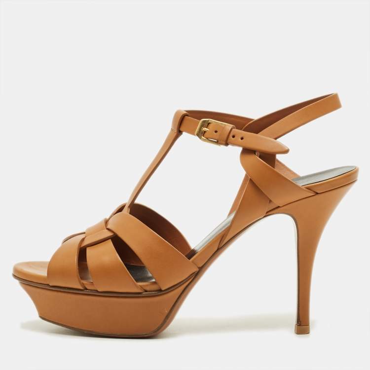 Pre Owned Saint Laurent Tribute Size 37 Brown Leather Platform Sandals