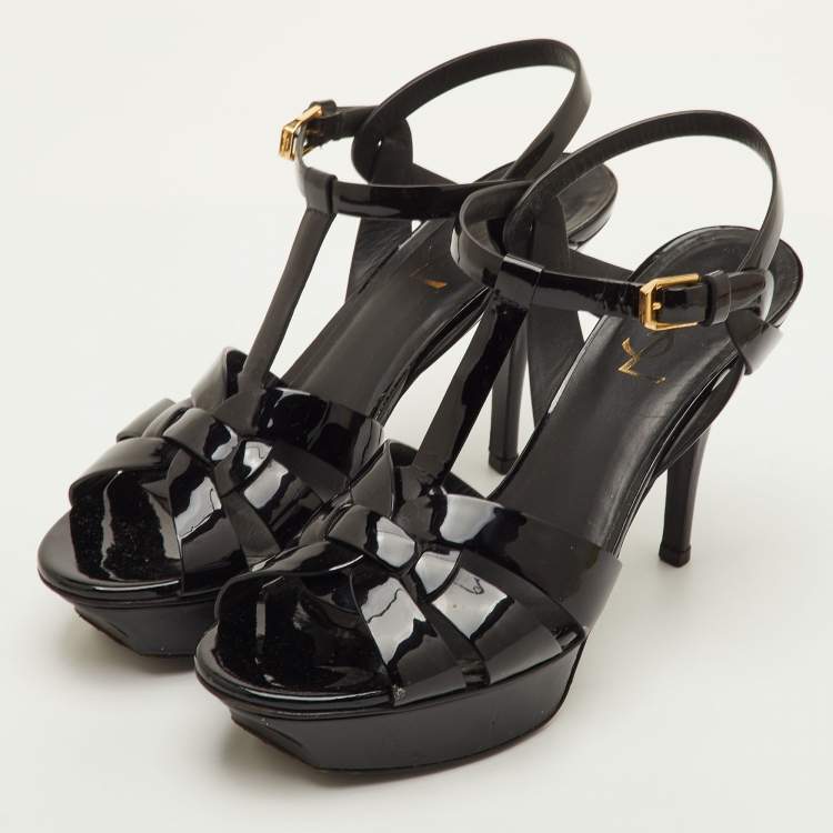 Pre Owned Saint Laurent Tribute Size 38.5 Black Patent Leather Platform Sandals
