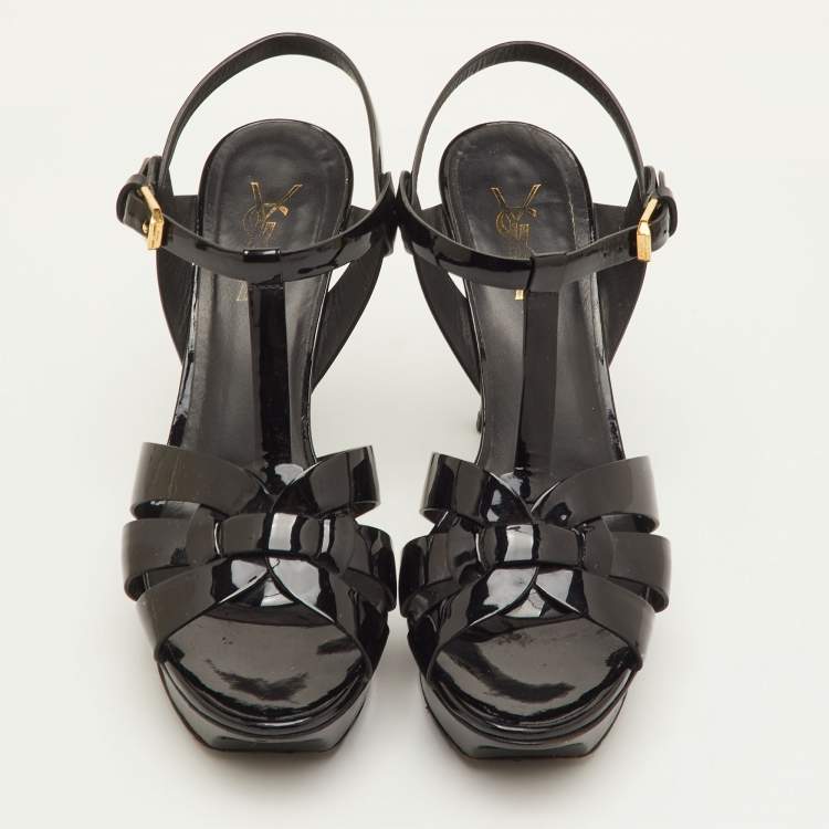 Pre Owned Saint Laurent Tribute Size 38.5 Black Patent Leather Platform Sandals
