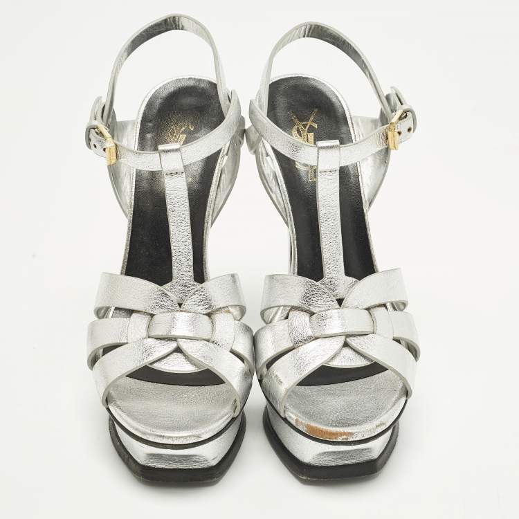 Pre Owned Saint Laurent Tribute Size 37 Silver Leather Platform Sandals