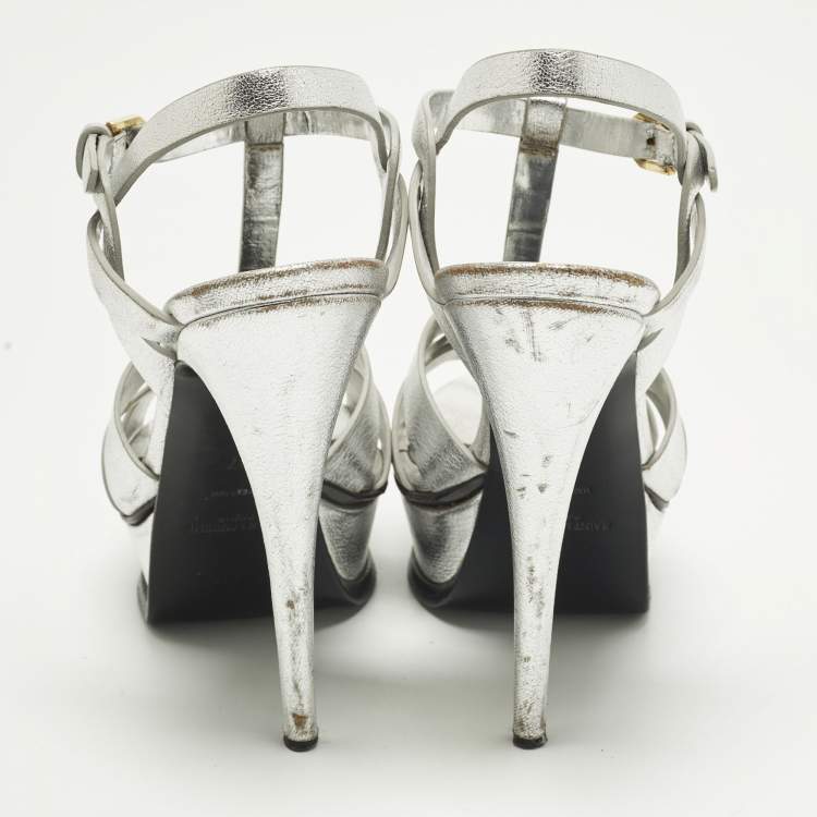 Pre Owned Saint Laurent Tribute Size 37 Silver Leather Platform Sandals