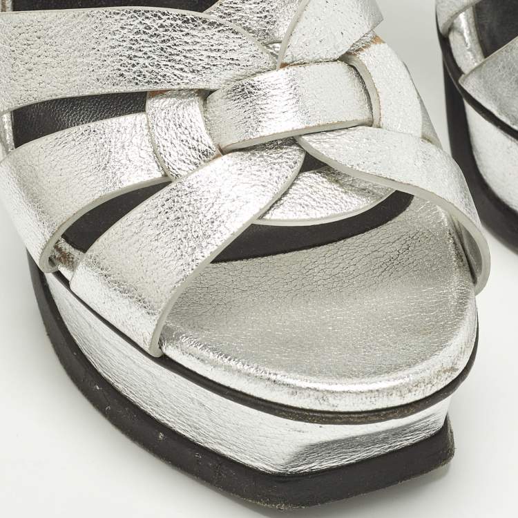 Pre Owned Saint Laurent Tribute Size 37 Silver Leather Platform Sandals