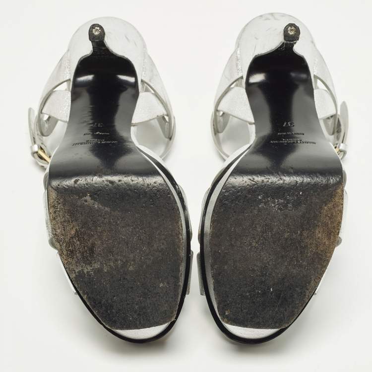 Pre Owned Saint Laurent Tribute Size 37 Silver Leather Platform Sandals