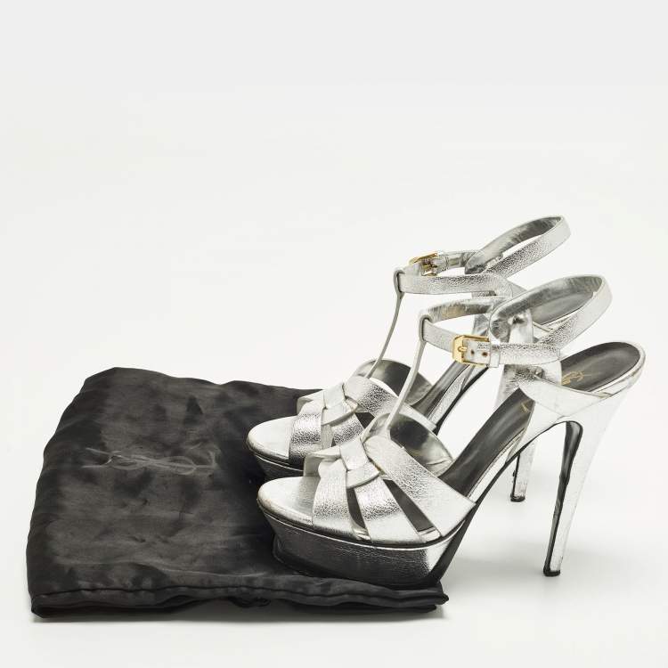 Pre Owned Saint Laurent Tribute Size 37 Silver Leather Platform Sandals