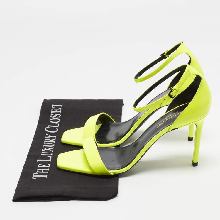 Pre Owned Saint Laurent Amber Size 39 Neon Yellow Patent Leather Ankle Strap Sandals
