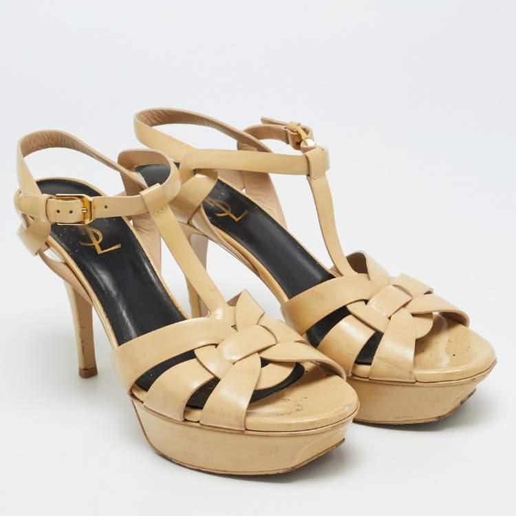 مملوكة مسبقًا Saint Laurent Tribute Size 38 Beige Patent Leather Platform Sandals