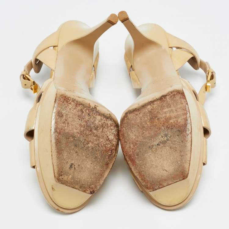 مملوكة مسبقًا Saint Laurent Tribute Size 38 Beige Patent Leather Platform Sandals