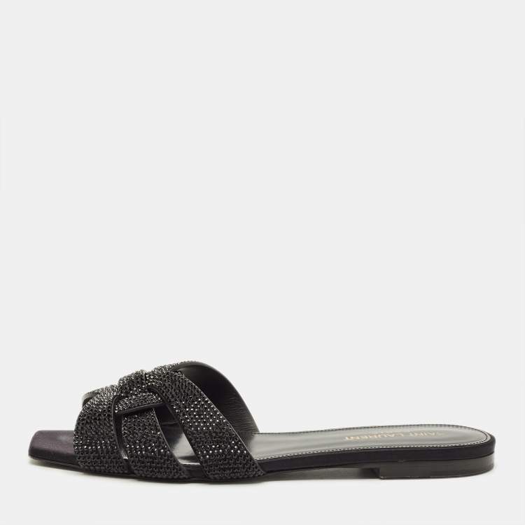 Pre Owned Saint Laurent Tribute Size 38 Black Leather Flat Slides 