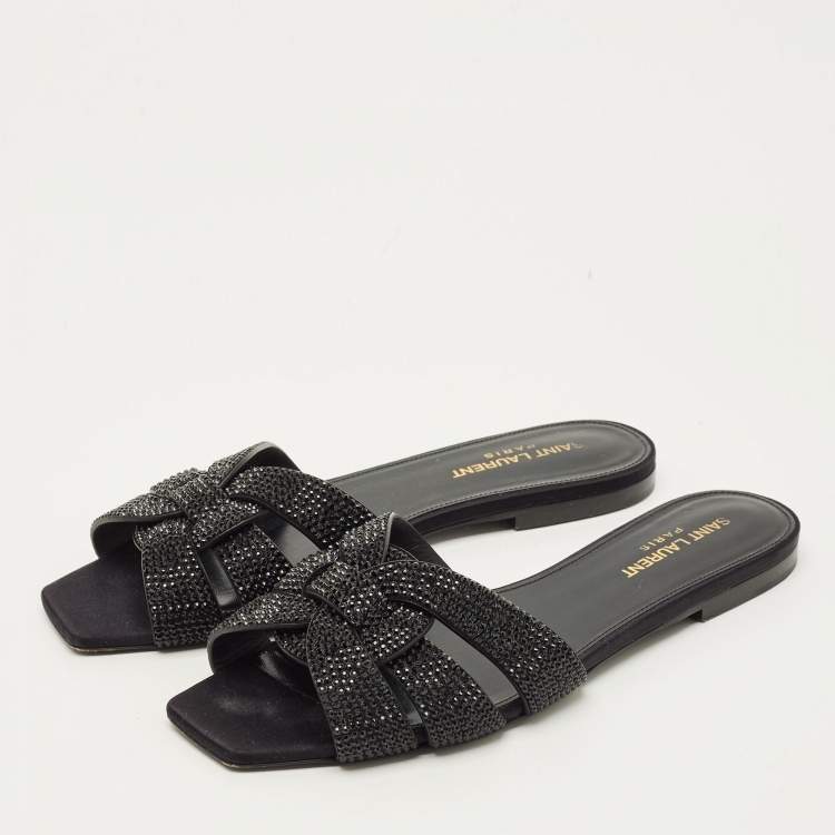 Pre Owned Saint Laurent Tribute Size 38 Black Leather Flat Slides 