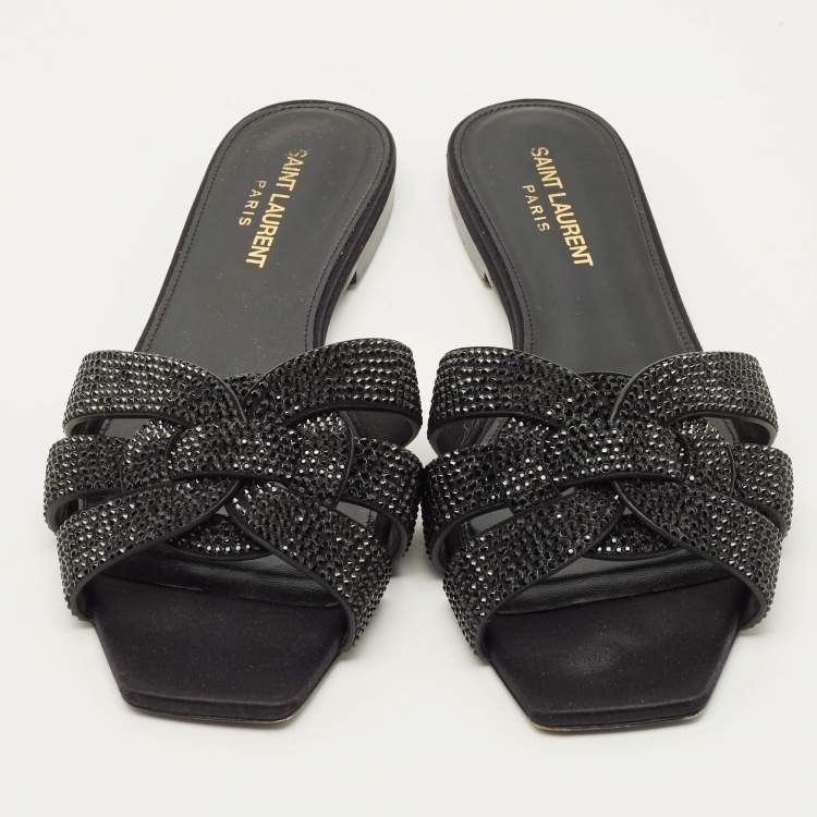 Pre Owned Saint Laurent Tribute Size 38 Black Leather Flat Slides 