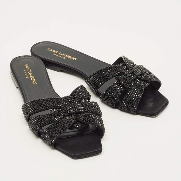 Pre Owned Saint Laurent Tribute Size 38 Black Leather Flat Slides 