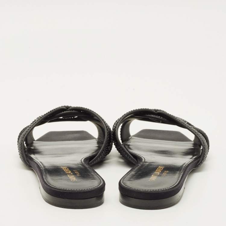 Pre Owned Saint Laurent Tribute Size 38 Black Leather Flat Slides 