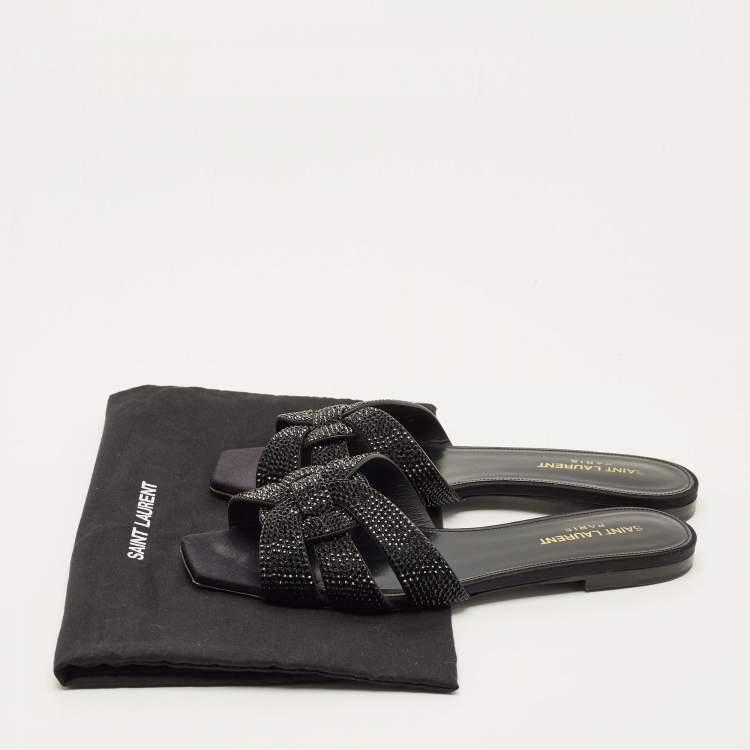 Pre Owned Saint Laurent Tribute Size 38 Black Leather Flat Slides 