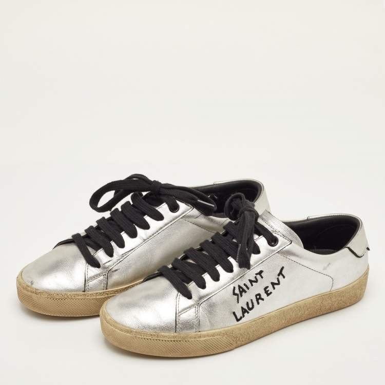 Pre Owned Saint Laurent Court Classic Size 36.5 Silver Leather Low Top Sneakers