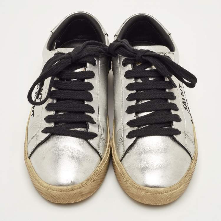 Pre Owned Saint Laurent Court Classic Size 36.5 Silver Leather Low Top Sneakers
