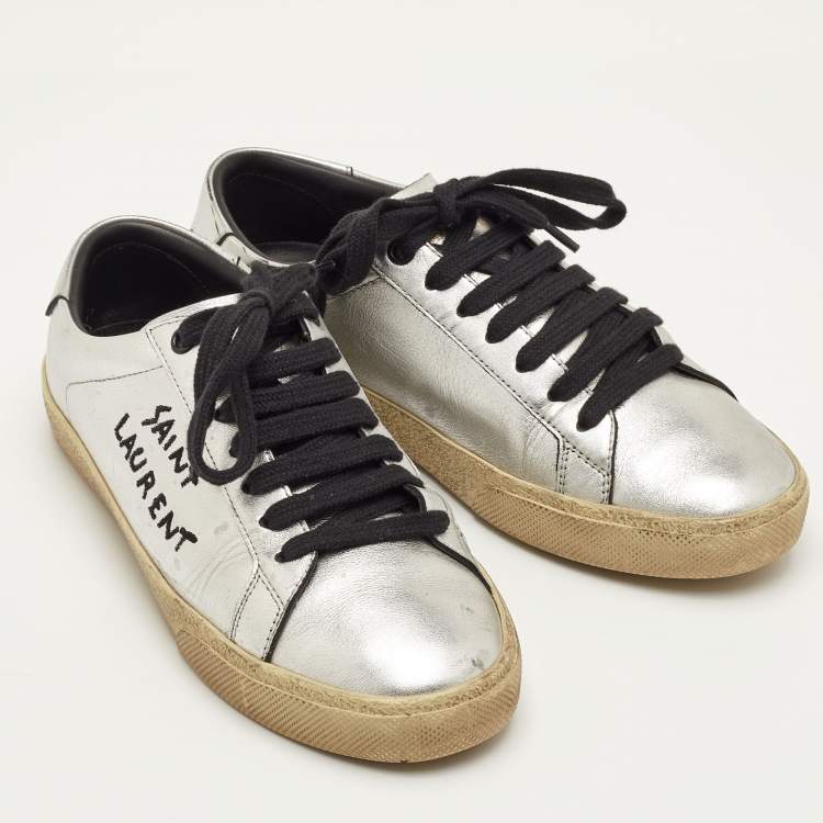 Pre Owned Saint Laurent Court Classic Size 36.5 Silver Leather Low Top Sneakers