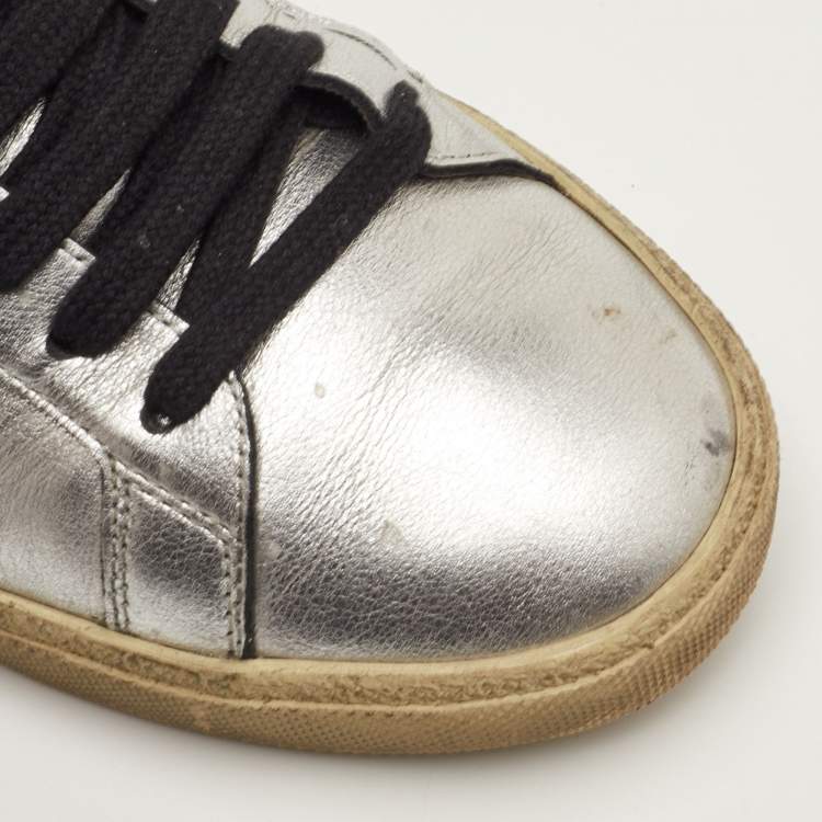 Pre Owned Saint Laurent Court Classic Size 36.5 Silver Leather Low Top Sneakers