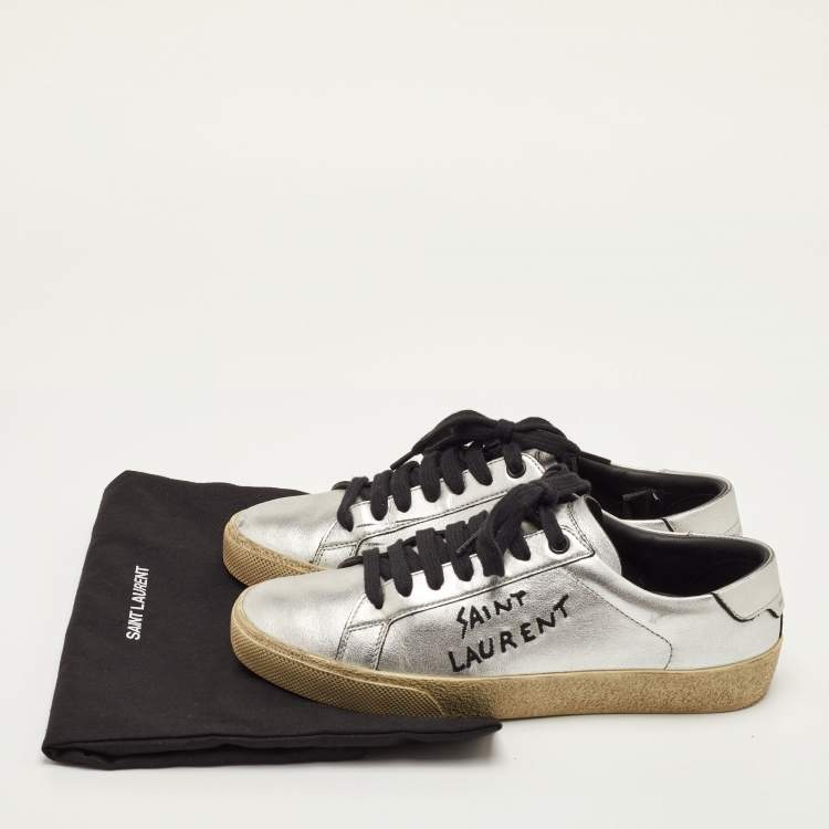 Pre Owned Saint Laurent Court Classic Size 36.5 Silver Leather Low Top Sneakers