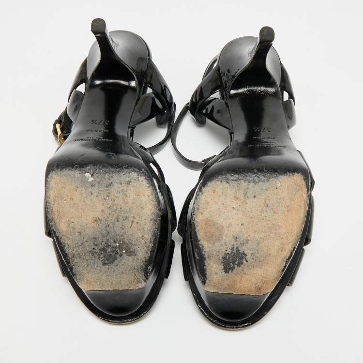 Pre Owned Saint Laurent Tribute Size 37.5 Blue Patent Leather Ankle Strap Sandals