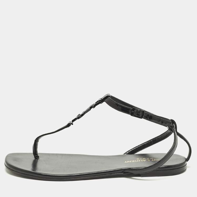 Pre Owned Saint Laurent Cassandra Size 37 Black Leather and Patent Leather Flat Sandals