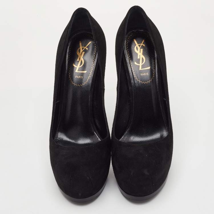 Pre Owned Saint Laurent Tribtoo Size 37.5 Black Suede Platform Pumps