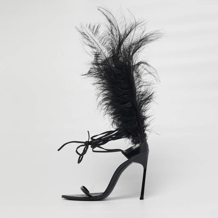 Pre Owned Saint Laurent iris Size 39 Black Feather and Leather Sandals