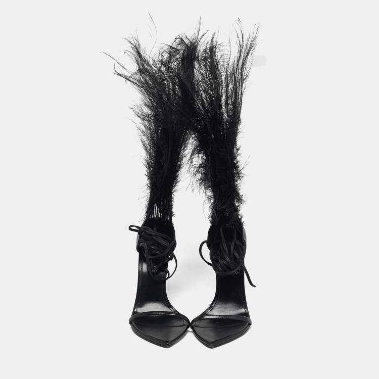 Pre Owned Saint Laurent iris Size 39 Black Feather and Leather Sandals