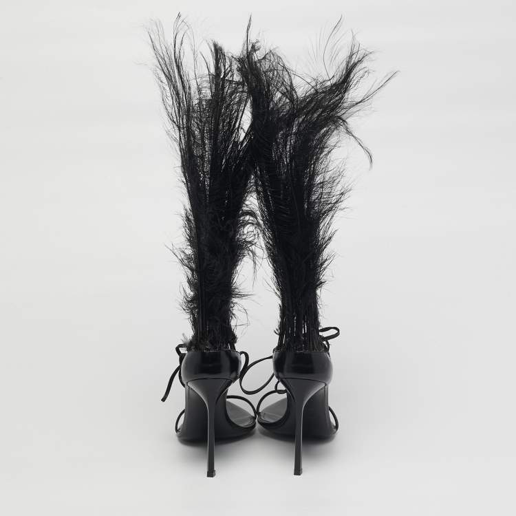 Pre Owned Saint Laurent iris Size 39 Black Feather and Leather Sandals